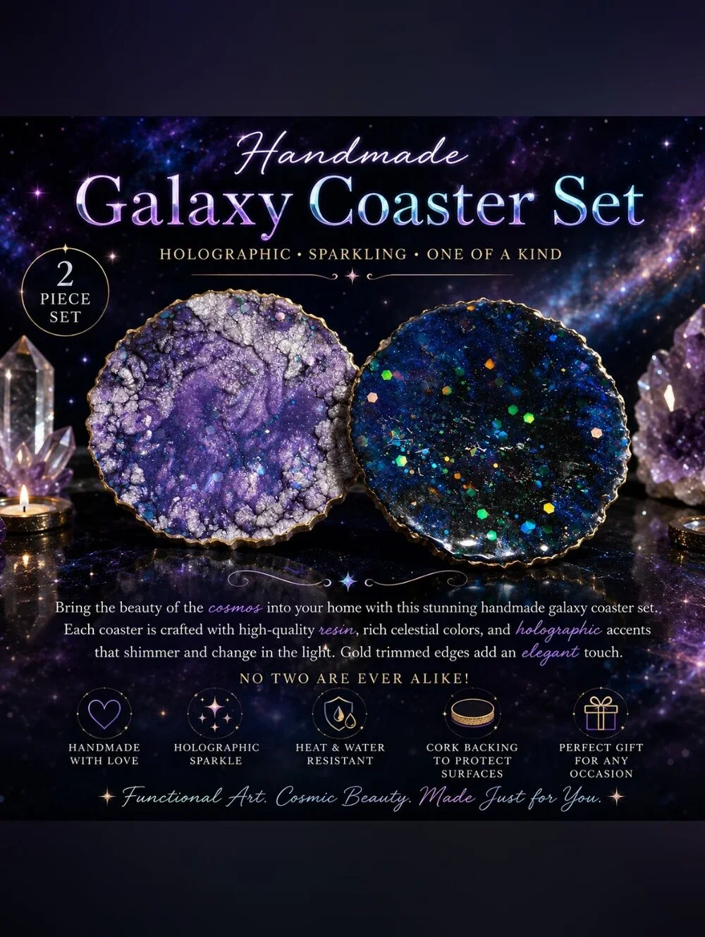 Handmade Galaxy Coaster Set - Purple & Navy Blue